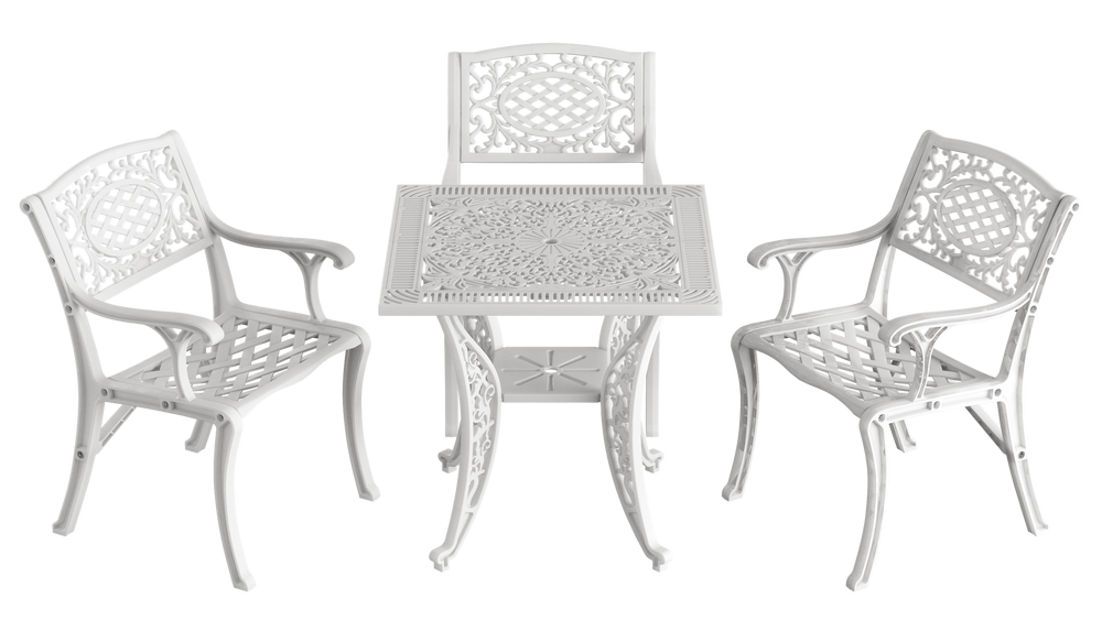 Set Mobilier Gradina HubRom, 1xMasa Patrata(75x75x72), 3xScaun CUNDA(43x42x50x91) Alb