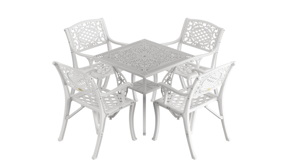 Set Mobilier Gradina HubRom, 1xMasa Patrata(75x75x72), 4xScaun CUNDA(43x42x50x91) Alb