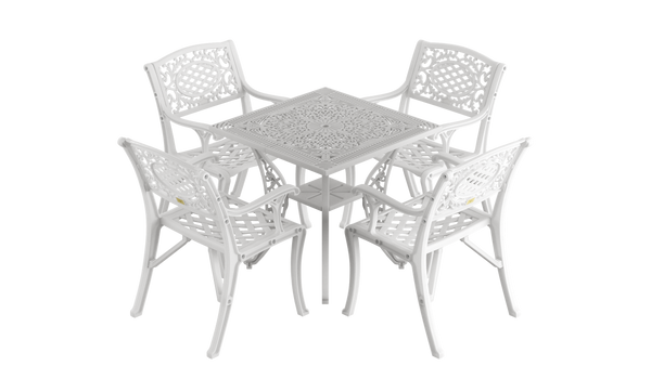 Set Mobilier Gradina HubRom, 1xMasa Patrata(75x75x72), 4xScaun CUNDA(43x42x50x91) Alb