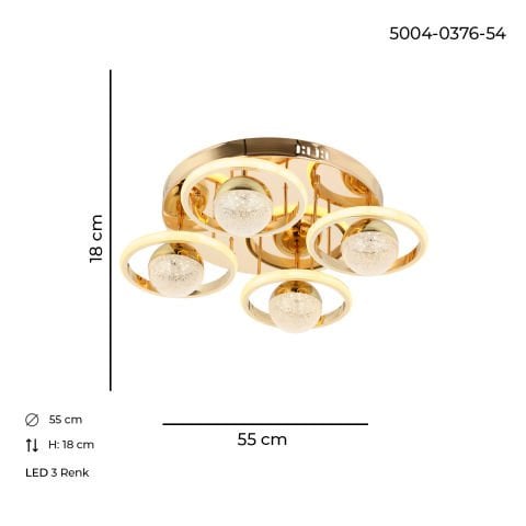 Plafoniera Led HubRom, ELYA Auriu  5004-0376-54 55x55xHmax18 cm Lumina Calda,Rece,Neutra