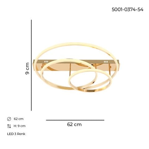 Plafoniera Led HubRom, ENVA Auriu  5001-0374-54 60x60xHmax9 cm Lumina Calda,Rece,Neutra