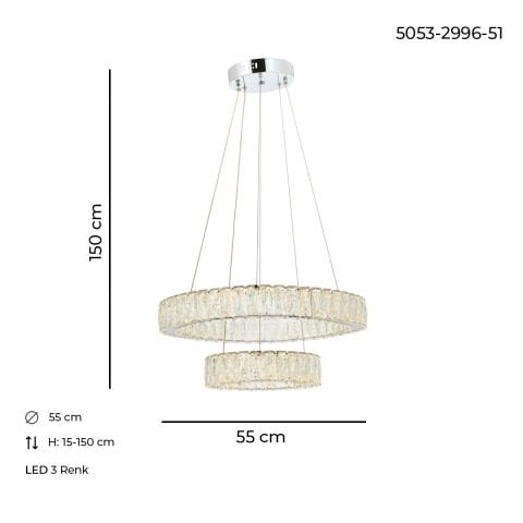 Lustra Led Cristal HubRom, ESSE Crom 5055+5035-2996-51 55+30x55xHmax150 cm Lumina Calda,Rece,Neutra