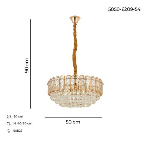 Lustra Cristal HubRom, HAZAR 5050-6209-54 50x50xHmax90 cm 9xE14-40W Auriu