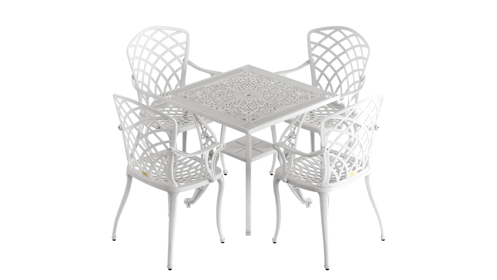 Set Mobilier Gradina HubRom, 1xMasa Patrata(75x75x72), 4xScaun HITIT(43x42x50x92) Alb