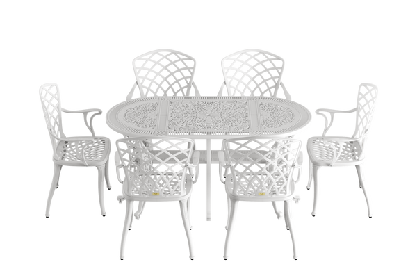 Set Mobilier Gradina HubRom, 1xMasa Ovala(75x150x72), 6xScaun HITIT(43x42x50x92) Alb