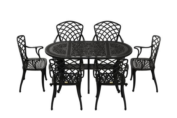 Set Mobilier Gradina HubRom, 1xMasa Ovala(75x150x72), 6xScaun HITIT(43x42x50x92) Negru