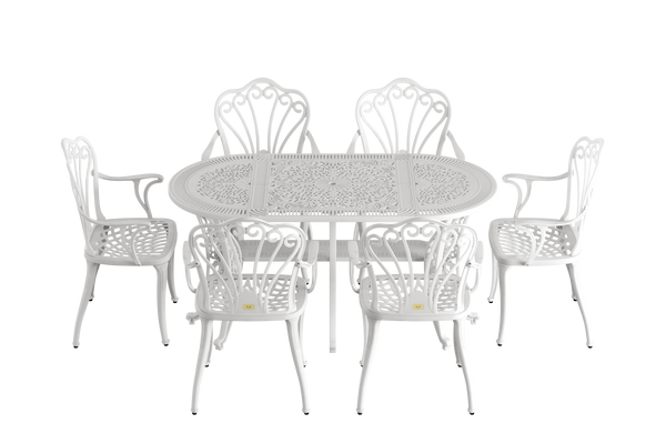 Set Mobilier Gradina HubRom, 1xMasa Ovala(75x150x72), 6xScaun ISTANBUL(43x42x50x91) Alb