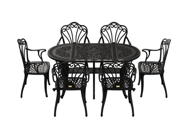 Set Mobilier Gradina HubRom, 1xMasa Ovala(75x150x72), 6xScaun ISTANBUL(43x42x50x91) Negru