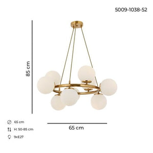 Lustra HubRom, MILAN 5009-1038-52 65x65xHmax-50-85 cm 9xE27-60W Antiq