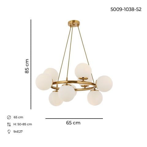 Lustra HubRom, MILAN 5009-1038-52 65x65xHmax-50-85 cm 9xE27-60W Antiq