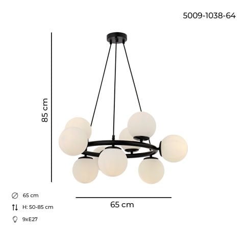 Lustra HubRom, MILAN 5009-1038-64 65x65xHmax-50-85 cm 9xE27-60W Negru