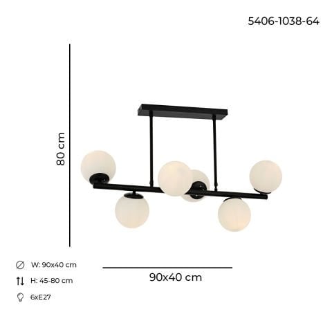 Lustra HubRom, MILAN 5406-1038-64 90x40xHmax-45-80 cm 6xE27-60W Negru