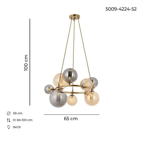 Lustra HubRom, PAUL 5009-4224-52 65x65xHmax65-100 cm 9xG9 Antiq
