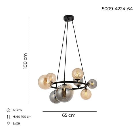 Lustra HubRom, PAUL 5009-4224-64 65x65xHmax65-100 cm 9xG9 Negru