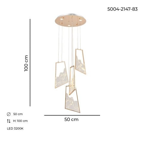 Lustra Led HubRom, TOROS Auriu 5004-2147-83 50x50xHmax200 cm 3200 K Lumina Neutra