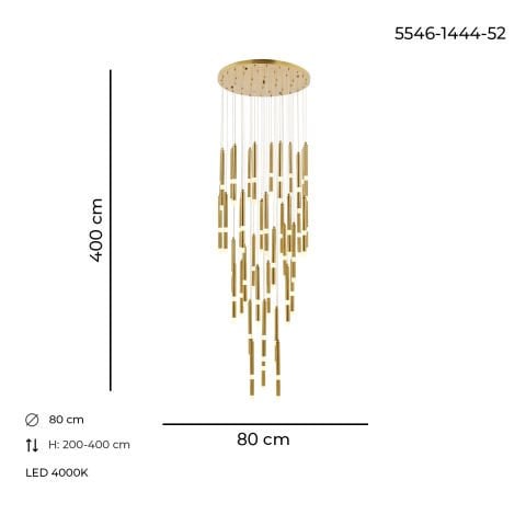 Lustra Led HubRom, YAREN Antiq 5546-1444-52 80x80xHmax200-400 cm 4000 K Lumina Neutra